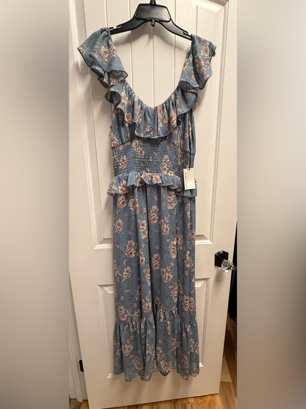 Floret Studios Blue Floral Ruffle Smocked Waist Maxi Dress Women’s M NWT